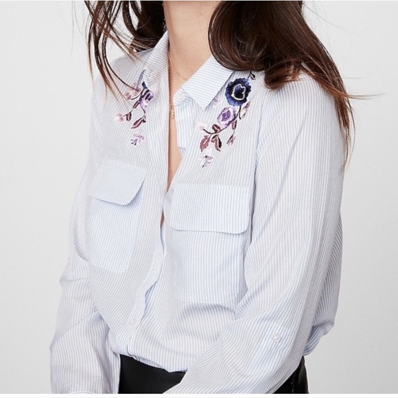 Express The City Striped Floral Embroidered Button Down Shirt - Picture 16 of 16